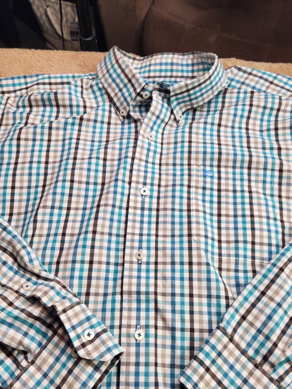 Men's Southern Tide Teal and Brown Plaid Button-Down Shirt Size XL Classic Feet